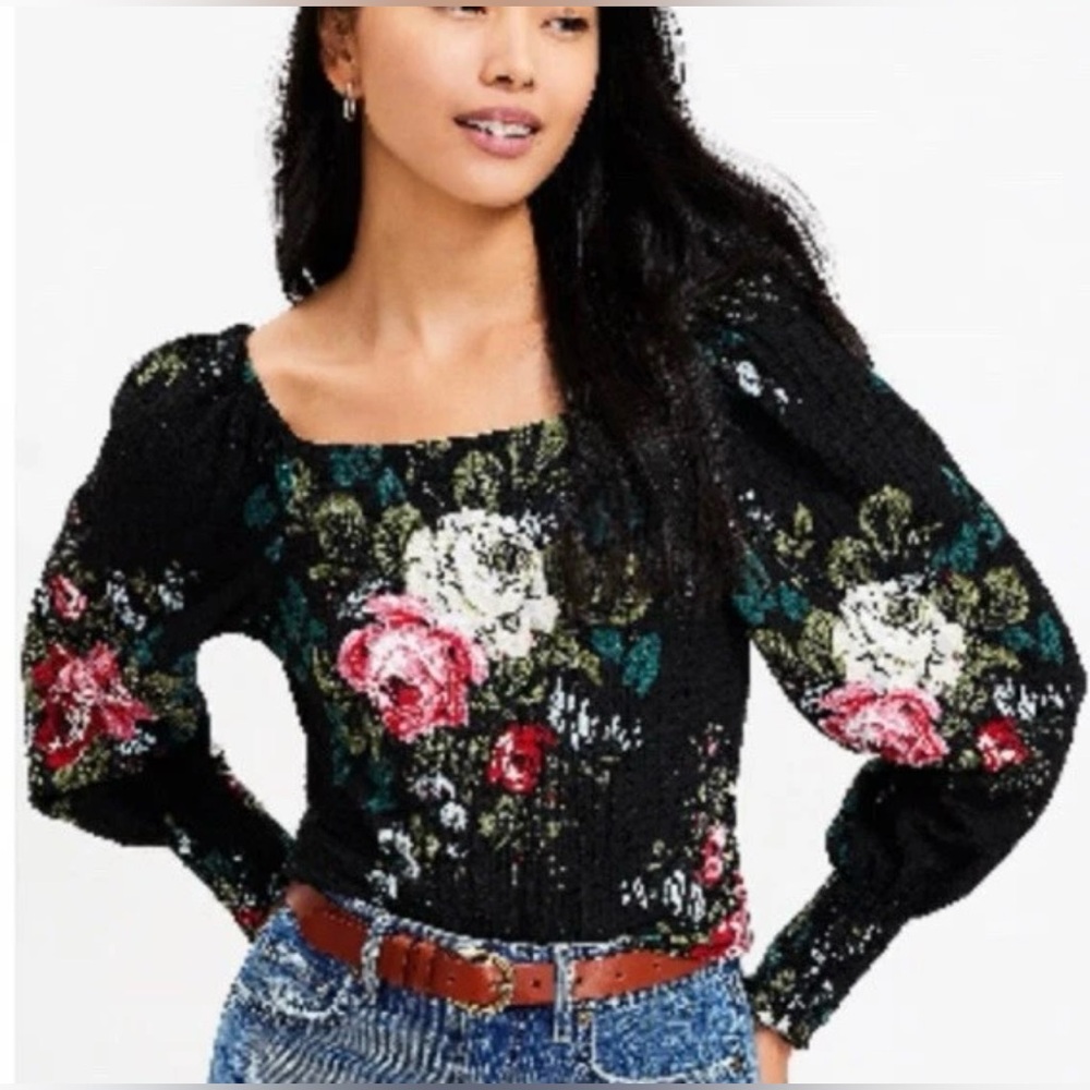 LOFT Black Floral XS Square Neck Blouse Knit Peasant Top Smocked Puff Sleeves - Picture 5 of 17